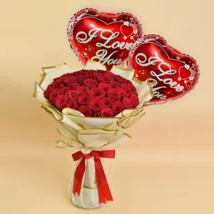 50 valentine roses bouquet and balloons 1